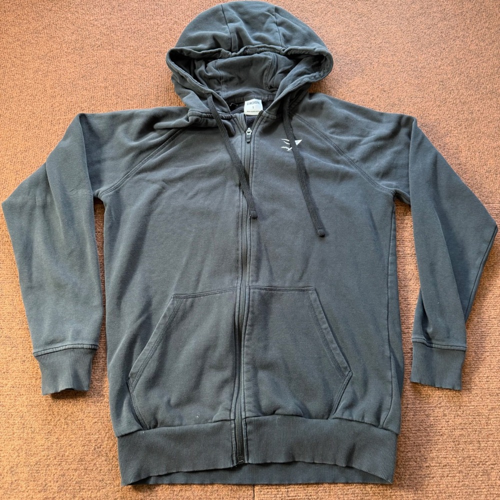 Gymshark Mens Full Zip Hoodie Charcoal Black Fleece Raglan Sweatshirt Small gym